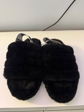 UGG Black Faux Fur Slide Slippers with Logo Heel Strap